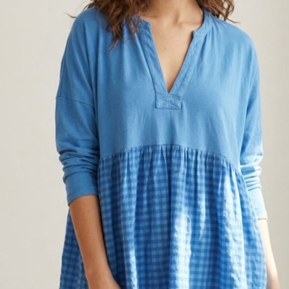 Pilcro Long Sleeve Blue Gingham Plaid Babydoll Top Small